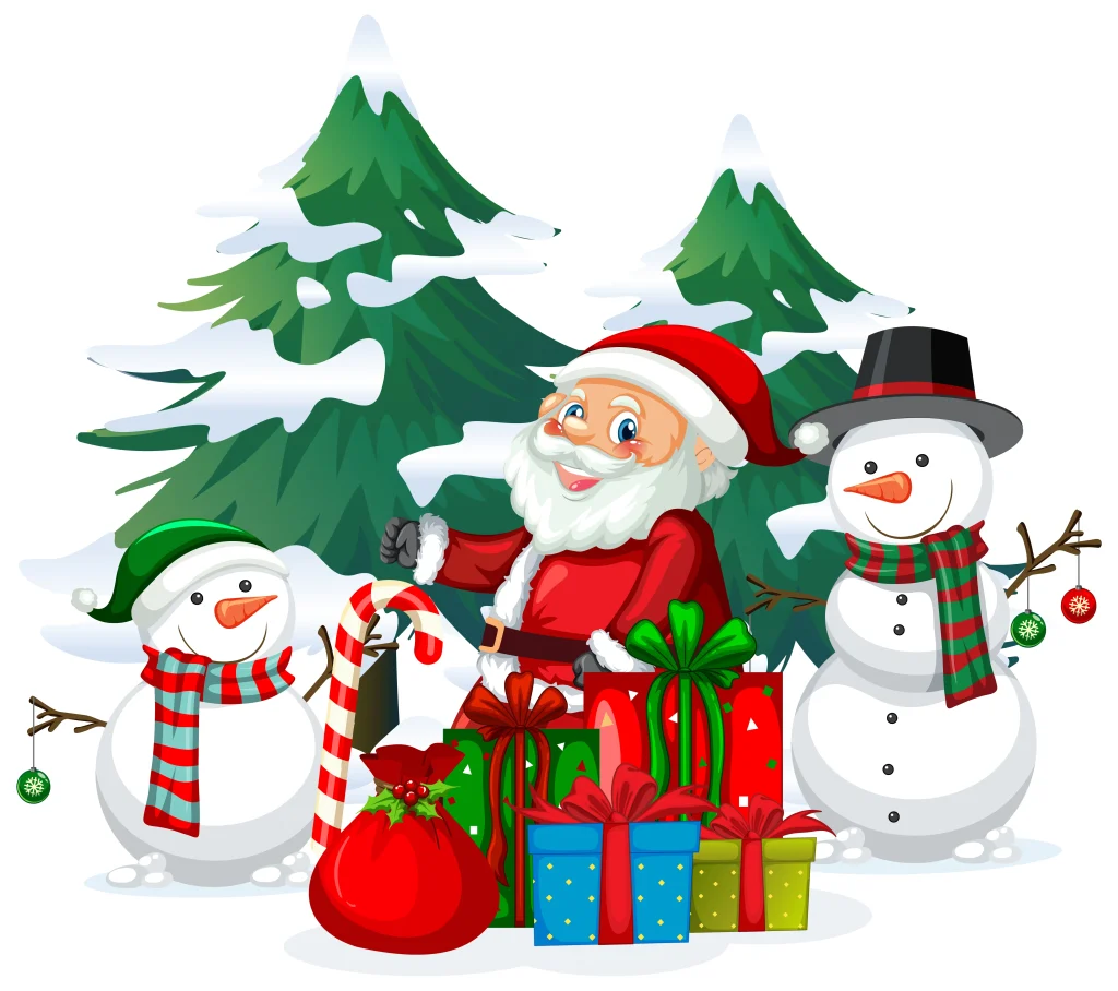 Santa Claus with gifts and two snowmen among snowy trees.