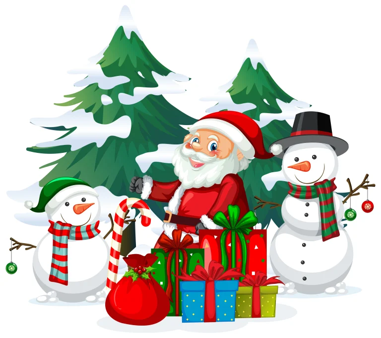 Santa Claus with gifts and two snowmen among snowy trees.