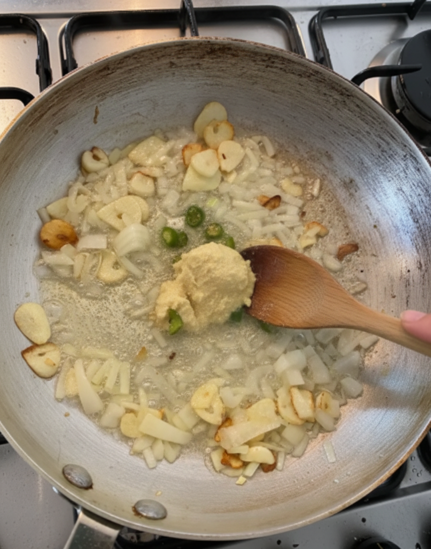 Stir in the chopped chillies and garlic