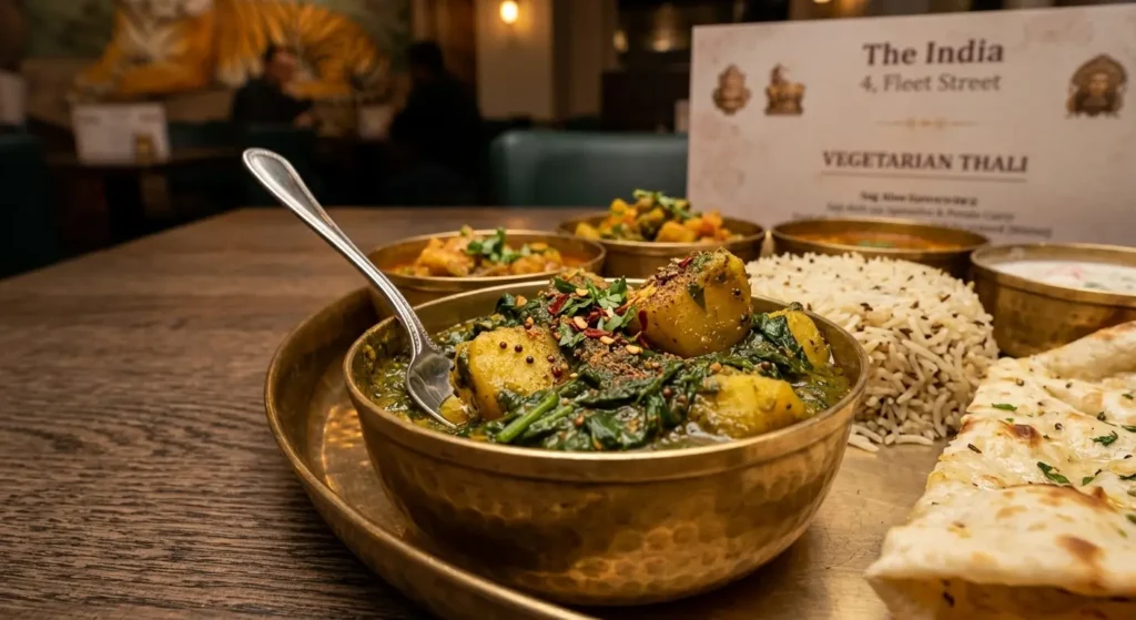 Fresh sag aloo spinach and potato curry dish included in vegetarian thali at The India 4 Fleet Street