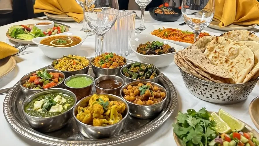 Vegetarian Indian thali at The India 4 Fleet Street London with onion bhaji, tikka masala and sag aloo
