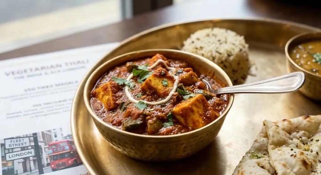 Vegetarian tikka masala curry with rich tomato sauce served as part of thali lunch at The India 4 EC4 London